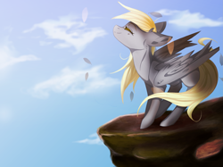 Size: 2755x2066 | Tagged: safe, artist:dashermeow, derpy hooves, pegasus, pony, cliff, cloud, eyes closed, female, leaves, mare, smiling, solo