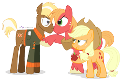 Size: 1125x750 | Tagged: safe, artist:dm29, applejack, big macintosh, trenderhoof, earth pony, pony, simple ways, annoyed, apple, clothes, eating, eye contact, frown, glare, glasses, male, overprotective, simple background, stallion, sweater, transparent background, trio, wide eyes