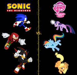 Size: 1434x1394 | Tagged: safe, artist:bvge, derpibooru import, applejack, rainbow dash, twilight sparkle, earth pony, pegasus, pony, copy and paste, crossover, knuckles the echidna, logo, mortal kombat vs. dc universe, my little pony logo, parody, shadow the hedgehog, sonic the hedgehog, sonic the hedgehog (series)