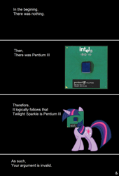 Size: 1100x1617 | Tagged: safe, artist:greyone, derpibooru import, twilight sparkle, insane troll logic, intel, legit, not salmon, pentium iii, wat