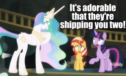 Size: 648x390 | Tagged: safe, edit, edited screencap, editor:cipherrage0909, screencap, princess celestia, sunset shimmer, twilight sparkle, twilight sparkle (alicorn), alicorn, better together, equestria girls, forgotten friendship, celestia the shipper, female, laughing, lesbian, shipper on deck, shipping, sunsetsparkle, text edit