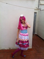 Size: 717x960 | Tagged: safe, artist:ureegy, pinkie pie, human, 2012, clothes, convention, cosplay, dress, gala dress, irl, irl human, photo, salón del manga de barcelona, solo