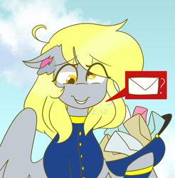 Size: 6200x6300 | Tagged: safe, artist:cubbybatdoodles, derpy hooves, pegasus, pony, absurd resolution, clothes, female, floppy ears, grin, hat, letter, looking at you, mailmare, mare, smiling, solo, uniform