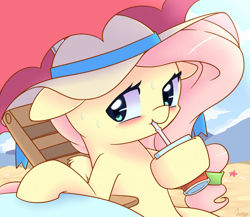 Size: 1000x869 | Tagged: safe, artist:joyfulinsanity, fluttershy, pegasus, pony, beach, chair, cup, drinking, hat, solo, sweat, umbrella