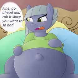 Size: 2000x2000 | Tagged: safe, artist:funble, limestone pie, earth pony, belly, belly button, big belly, blushing, clothes, dialogue, female, limetsun pie, mare, outie belly button, pregnant, pregnant limestone, shirt, solo, tsundere