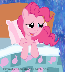 Size: 743x815 | Tagged: safe, artist:infinitydash, pinkie pie, earth pony, pony, bed, cupcake dreams, dream, in bed, solo