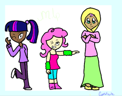 Size: 748x591 | Tagged: safe, artist:kitty-perry, derpibooru import, fluttershy, pinkie pie, twilight sparkle, human, hijab, humanized, islam, islamashy