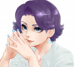 Size: 2200x1950 | Tagged: safe, artist:kianamai, rarity, human, alternate hairstyle, beautiful, clothes, earring, eyeshadow, female, humanized, nail polish, piercing, shirt, short hair, simple background, solo, white background