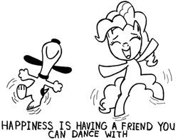 Size: 640x503 | Tagged: safe, artist:samueleallen, pinkie pie, earth pony, pony, bipedal, crossover, dancing, eyes closed, happy, happy dance, monochrome, open mouth, peanuts, smiling, snoopy, snoopy dance