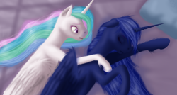 Size: 956x512 | Tagged: safe, artist:freyiejj, princess celestia, princess luna, alicorn, pony, eyes closed, fluffy, hug, on side, sisters, sleeping