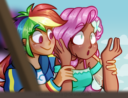 Size: 1024x788 | Tagged: safe, artist:saminamina, derpibooru import, fluttershy, rainbow dash, better together, equestria girls, rollercoaster of friendship, clothes, female, flutterdash, human coloration, lesbian, open mouth, shipping, smiling