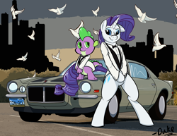 Size: 1280x989 | Tagged: safe, artist:askdukepony, rarity, spike, anthro, 21 jump street, car, chevrolet, chevrolet camaro, crossover, movie, pinup