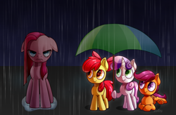 Size: 1600x1047 | Tagged: safe, artist:zoiby, apple bloom, pinkie pie, scootaloo, sweetie belle, earth pony, pony, cutie mark crusaders, pinkamena diane pie, rain, umbrella, wet mane