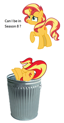 Size: 632x1204 | Tagged: safe, sunset shimmer, pony, unicorn, abuse, downvote bait, female, into the trash it goes, mare, op is a cuck, op is trying to start shit, shimmerbuse, simple background, solo, sunset shimmer's trash can, trash can, white background