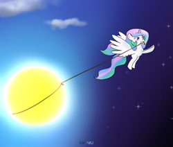 Size: 1000x849 | Tagged: safe, artist:empyu, princess celestia, alicorn, pony, 30 minute art challenge, cewestia, cute, filly, mouth hold, rope, solo, sun work, tangible heavenly object