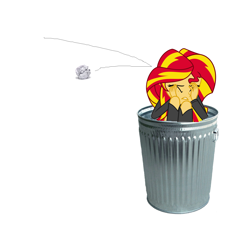 Size: 1656x1540 | Tagged: safe, sunset shimmer, equestria girls, abuse, bully, bullying, downvote bait, drama bait, into the trash it goes, op is a cuck, op is trying to start shit, sad, shimmerbuse, simple background, sunset shimmer's trash can, trash can, white background