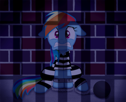 Size: 2160x1751 | Tagged: safe, artist:spellboundcanvas, derpibooru import, rainbow dash, pegasus, pony, ball and chain, chains, clothes, prison, prison outfit, prison stripes, prisoner, prisoner rd, restraints, shackles