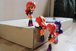 Size: 6000x4000 | Tagged: safe, artist:artofmagicpoland, sunset shimmer, twilight sparkle, twilight sparkle (alicorn), alicorn, equestria girls, april fools, backpack, cardboard box, doll, equestria girls minis, eqventures of the minis, eyes on the prize, looking at each other, meme, multeity, my little pony, shimmerstorm, shocked, the end is neigh, toy, triality, trio, we are doomed, xk-class end-of-the-kitchen scenario, xk-class end-of-the-world scenario