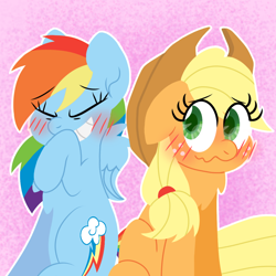 Size: 1024x1024 | Tagged: safe, artist:almadash, derpibooru import, applejack, rainbow dash, earth pony, pegasus, pony, appledash, backwards cutie mark, blushing, cute, dashabetes, duo, eyes closed, female, jackabetes, laughing, lesbian, shipping