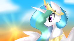 Size: 1800x1000 | Tagged: safe, artist:papaii123, princess celestia, alicorn, pony, female, horn, mare, multicolored mane, solo, sun, white coat