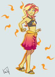 Size: 1024x1448 | Tagged: safe, artist:jurill, sunset shimmer, better together, equestria girls, forgotten friendship, belly button, clothes, feet, female, flip-flops, midriff, sandals, solo, sunshine shimmer, swimsuit