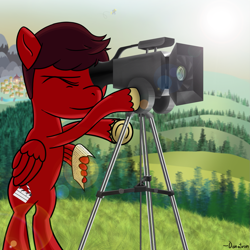 Size: 1717x1717 | Tagged: safe, artist:danatron1, derpy hooves, oc, oc:littleshyfim, pegasus, pony, camera, female, lens flare, male, mare, morse code, ponyville, red and black oc, script, solo focus, tripod, wing hands