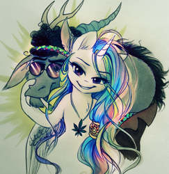 Size: 1993x2047 | Tagged: safe, artist:katputze, discord, princess celestia, alicorn, pony, 420, bipedal, dislestia, drugs, female, hippie, joint, loose hair, male, marijuana, shipping, straight, traditional art