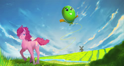 Size: 2074x1100 | Tagged: safe, artist:mechagen, pinkie pie, earth pony, pony, balloon, scenery, solo