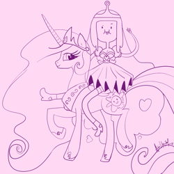 Size: 2048x2048 | Tagged: safe, artist:aimihanibal, princess celestia, alicorn, pony, 30 minute art challenge, adventure time, all hail the pink colour, crossover, lineart, monochrome, princess bubblegum