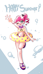Size: 1000x1700 | Tagged: safe, artist:chch, pinkie pie, human, armpits, belly button, bikini, breasts, clothes, female, floaty, humanized, looking at you, pinkie pies, sandals, solo, summer, swimsuit, waving, wink