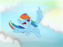 Size: 2233x1665 | Tagged: safe, artist:iamwildkitty, derpibooru import, rainbow dash, pegasus, pony, cloud, flying, sky, solo