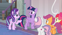 Size: 1280x720 | Tagged: safe, screencap, apple bloom, scootaloo, starlight glimmer, sweetie belle, twilight sparkle, twilight sparkle (alicorn), alicorn, earth pony, pegasus, pony, unicorn, marks for effort, cutie mark crusaders, duckface, female, filly, lifted leg, looking at each other, mare, pose, raised hoof, school of friendship