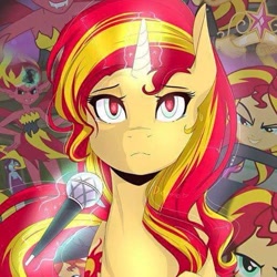 Size: 515x515 | Tagged: safe, sunset satan, sunset shimmer, equestria girls, equestria girls (movie), my past is not today, rainbow rocks, big crown thingy, collage, glowing horn, jewelry, magic, microphone, multeity, regalia, shimmerstorm, telekinesis, zoom layer