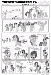 Size: 1600x2345 | Tagged: safe, artist:marmorexx, derpibooru import, applejack, fleetfoot, fluttershy, high winds, pinkie pie, rainbow dash, rarity, soarin', spike, surprise, twilight sparkle, twilight sparkle (alicorn), alicorn, dragon, earth pony, pegasus, pony, unicorn, comic:the new wonderbolt, bandage, mane six, monochrome, soarindash