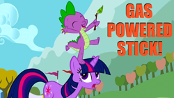 Size: 640x360 | Tagged: safe, derpibooru import, edit, edited screencap, screencap, spike, twilight sparkle, dragon, fall weather friends, bravest warriors, duo, gas powered stick, image macro, twig