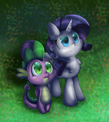 Size: 1828x2036 | Tagged: safe, artist:mordecairigbylover, rarity, spike, dragon, pony, unicorn, duo, fireworks
