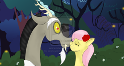 Size: 1024x549 | Tagged: safe, artist:wolfspirit1292, discord, fluttershy, pegasus, pony, fanfic:bride of discord, discoshy, female, kissing, male, shipping, straight, watermark