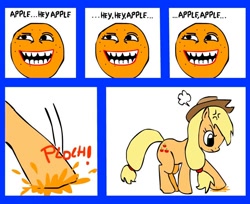 Size: 862x702 | Tagged: safe, applejack, earth pony, pony, angry, annoying orange, frown, orange, squish, stomping, trolling