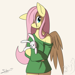 Size: 2000x2000 | Tagged: safe, artist:silverfox057, fluttershy, anthro, female, hair over one eye, plushie, signature, simple background, solo, white background