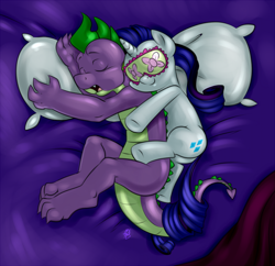 Size: 700x678 | Tagged: safe, artist:pia-sama, rarity, spike, dragon, pony, unicorn, bed, colored, cuddling, female, intertwined tails, male, older, older spike, plot, shipping, sleep mask, sleeping, sparity, spooning, straight