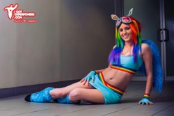 Size: 960x640 | Tagged: safe, artist:babygirlfallenangel, derpibooru import, rainbow dash, human, belly button, clothes, cosplay, irl, irl human, midriff, photo, skirt, sports bra