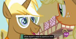 Size: 1600x830 | Tagged: safe, screencap, applejack, trenderhoof, earth pony, pony, simple ways, hub logo, meme, youtube caption