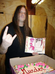 Size: 384x512 | Tagged: safe, edit, pinkie pie, human, brutal, cannibal corpse, dethklok, george "corpsegrinder" fisher, irl, irl human, metal, metalocalypse, photo, photo edit, postcard