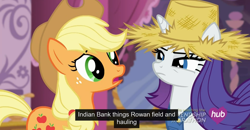 Size: 1600x830 | Tagged: safe, screencap, applejack, rarity, earth pony, pony, unicorn, simple ways, hub logo, india, meme, youtube caption