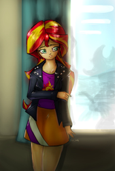 Size: 1377x2039 | Tagged: safe, artist:oberon826, sunset shimmer, equestria girls, beautiful, clothes, crossed arms, female, jacket, leather jacket, looking at you, skirt, solo