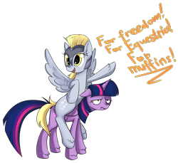 Size: 2000x1830 | Tagged: safe, artist:murzik-teijiro, derpy hooves, twilight sparkle, twilight sparkle (alicorn), alicorn, pony, floppy ears, helmet, muffin, ponies riding ponies, simple background, spread wings, that pony sure does love muffins, transparent background, twilight is not amused, unamused, unshorn fetlocks