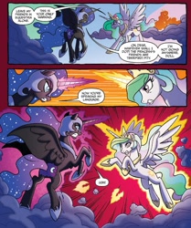 Size: 671x804 | Tagged: safe, idw, nightmare moon, princess celestia, alicorn, pony, spoiler:comic, spoiler:comicfiendshipismagic4, comic, duo, ethereal mane, female, fight, mare, official comic, sisters, speech bubble, starry mane