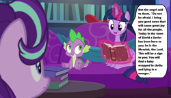 Size: 1280x738 | Tagged: safe, edit, edited screencap, screencap, spike, starlight glimmer, twilight sparkle, twilight sparkle (alicorn), alicorn, dragon, pony, unicorn, a hearth's warming tail, season 6, bible, book, implied jesus, magic, magic aura, nativity, reading, sofa, speech bubble, text, twilight's castle