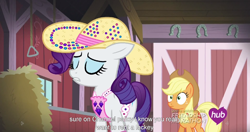 Size: 1152x608 | Tagged: safe, screencap, applejack, rarity, earth pony, pony, unicorn, simple ways, meme, rhinestone rarihick, youtube caption