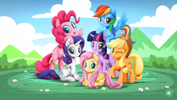 Size: 1920x1080 | Tagged: safe, artist:mysticalpha, derpibooru import, applejack, fluttershy, pinkie pie, rainbow dash, rarity, twilight sparkle, unicorn twilight, earth pony, pegasus, pony, unicorn, cowboy hat, female, hat, mane six, mane six opening poses, mare, one eye closed, raised hoof, scene interpretation, sitting, wink